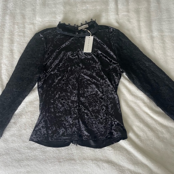 Moon River Whimsical Black Velvet Lace Sleeve Blouse - Picture 1 of 14